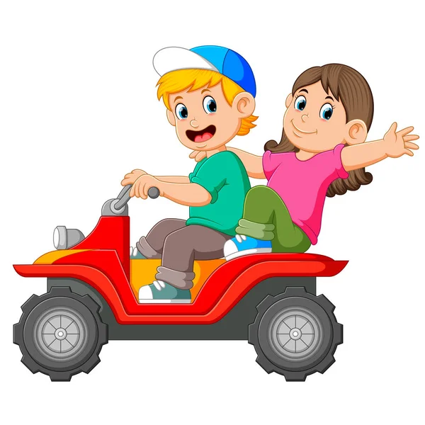 Der Junge Und Das Mädchen Fahren Gemeinsam Auf Dem Geländewagen — Stockvektor