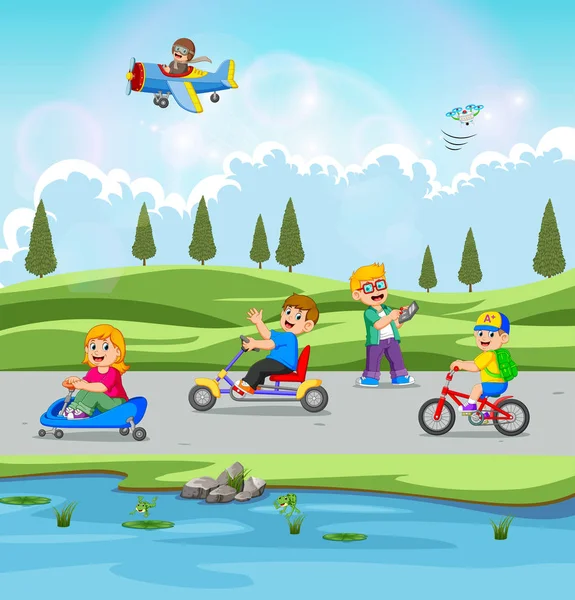 Çocuklar Oyun Güzel Manzaralı Bisiklet Sürme — Stok Vektör