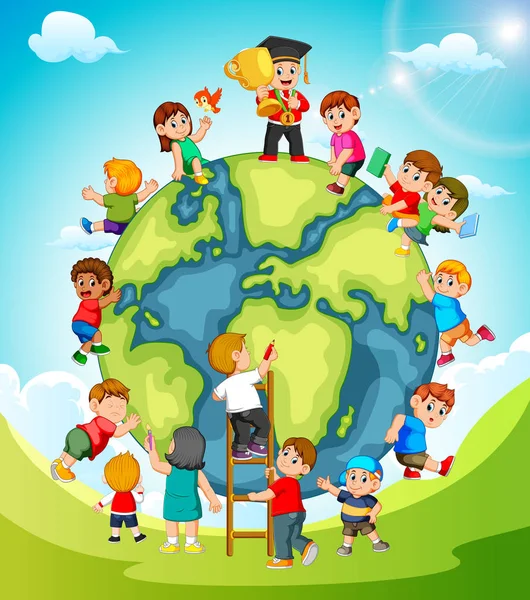 Terre Avec Les Enfants Jouant Autour Elle — Image vectorielle