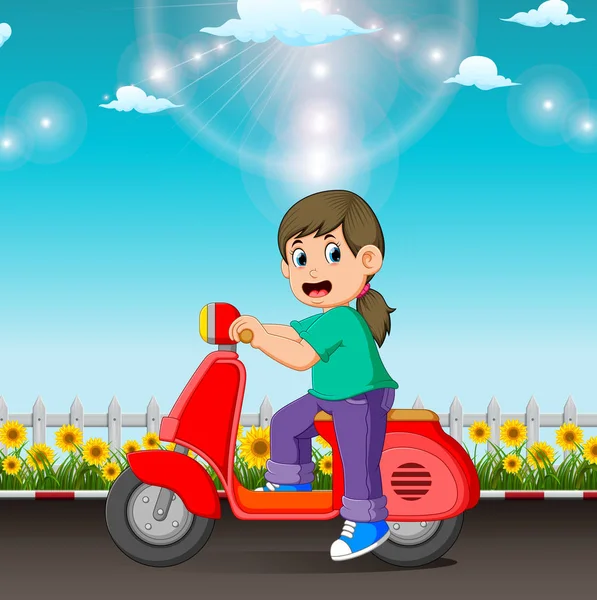 Girl Riding Red Scooter Road Day — Stock Vector