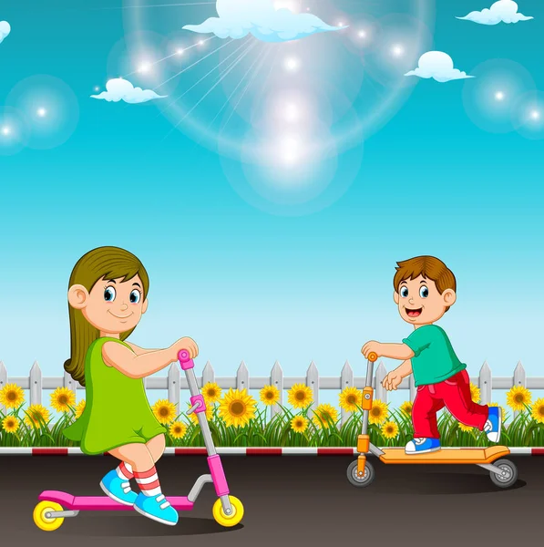 Children Playing Scooter Garden — Stock Vector