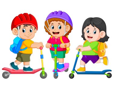  çocuklar kick scooter ile birlikte okula gidiyoruz