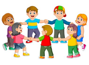 çocuklar bir tur yapmak için birbirlerine tutuyor