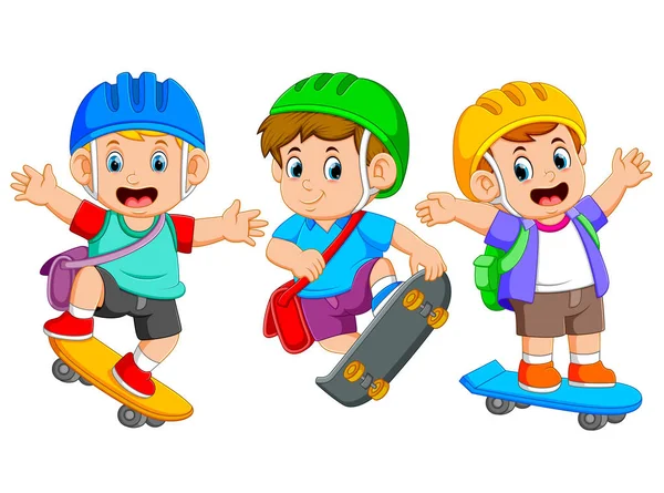 Los Niños Están Jugando Skate Board Con Los Diferentes Posando — Vector de stock