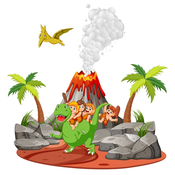 Ősember Játszik Dinoszauruszok Közelében Vulkán — Stock Vector