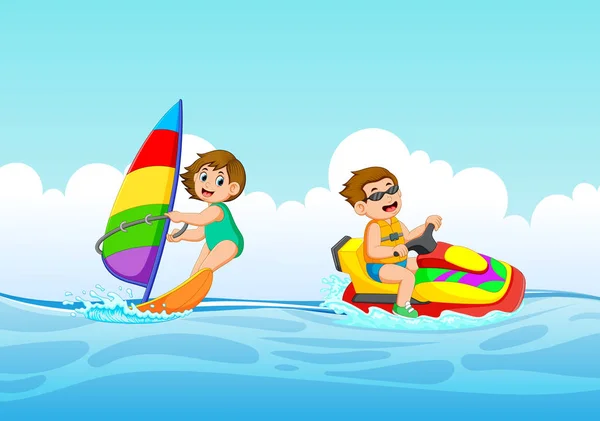 Boy Girl Playing Jet Ski Sailing Boat — Stock Vector