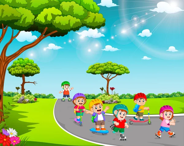 Les Enfants Jouent Sur Route Avec Scooter Les Patins Roulettes — Image vectorielle