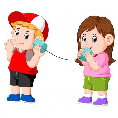  kız ve erkek bir kablolu ton tin canları telefon konuşurken deneme