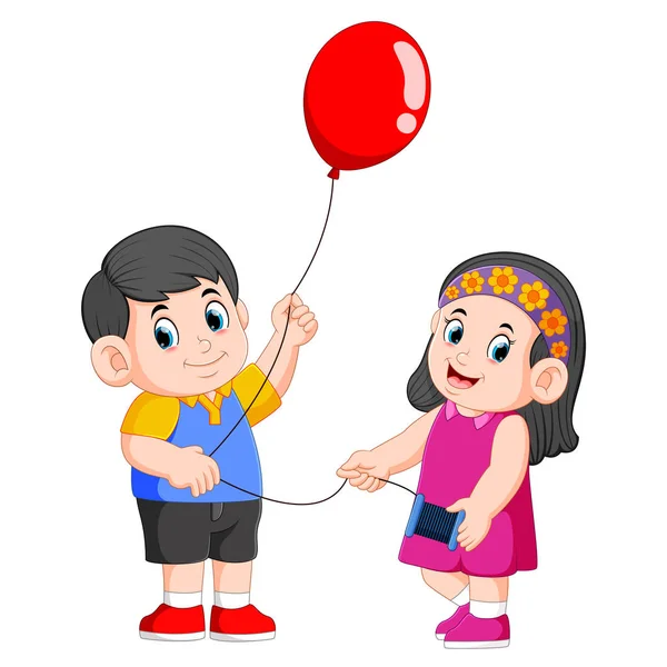 Die Kinder Halten Das Seil Für Den Roten Luftballon — Stockvektor