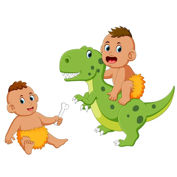 Jaskiniowiec Dziecko Gra Zielonym Dinozaurem — Wektor stockowy
