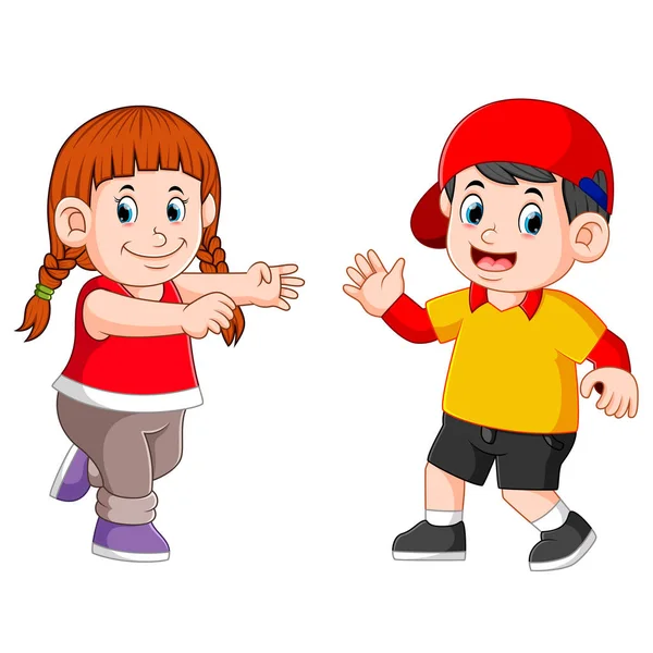 Los Niños Bailan Juntos Con Cara Feliz — Vector de stock