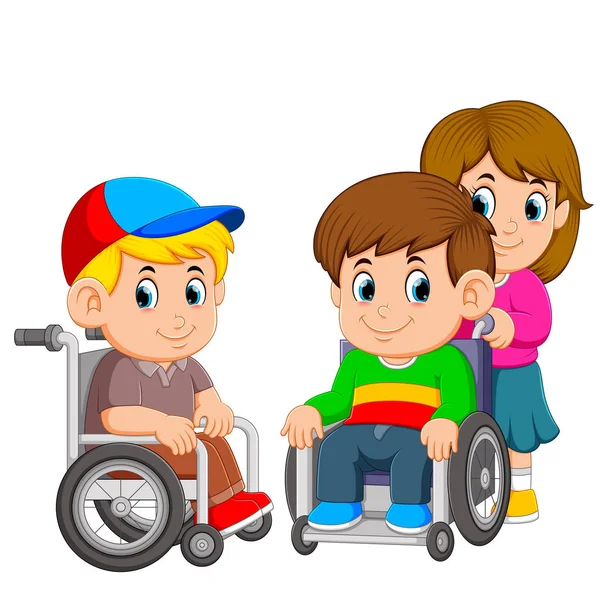 Два Мальчика Пользуются Инвалидной Коляской Девочка Толкает — стоковый вектор