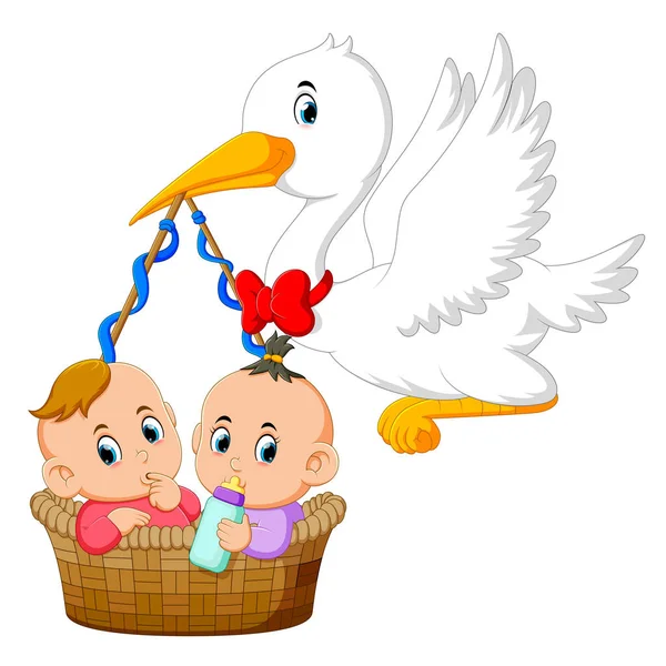 Stork Houdt Mand Met Twee Baby — Stockvector