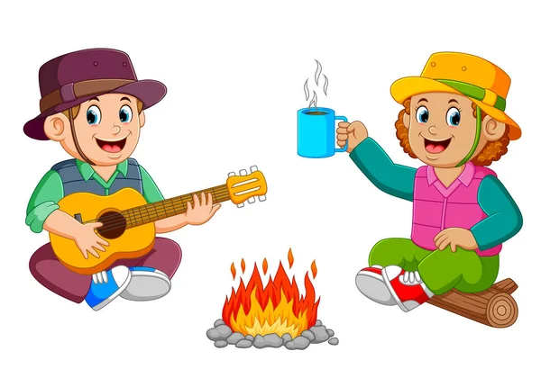 Los Niños Están Disfrutando Del Campamento Tocando Guitarra Con Una — Vector de stock