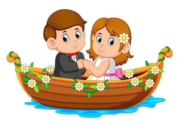 Pareja Está Posando Hermoso Barco Con Las Flores Alrededor — Vector de stock