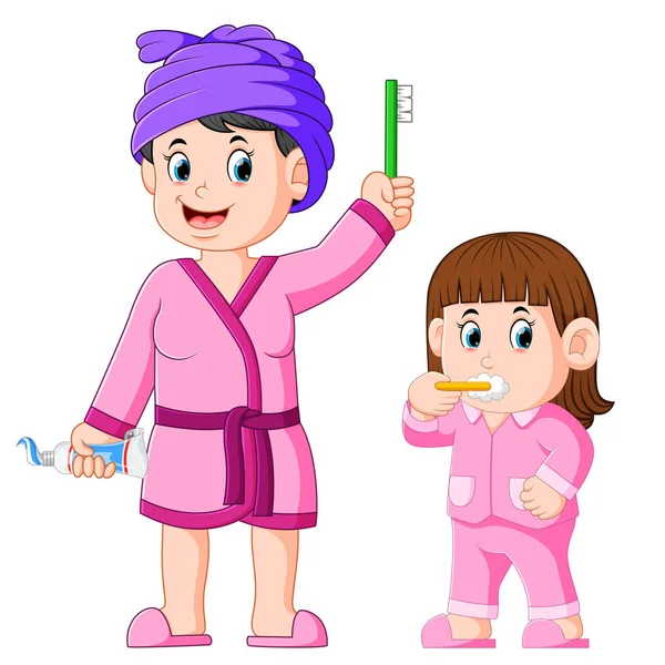 Girl Brushing Her Teeth Her Mother Her — Stock Vector