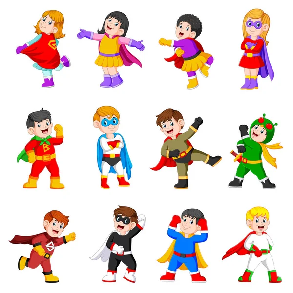 Coleção Das Crianças Estão Usando Traje Super Heróis — Vetor de Stock
