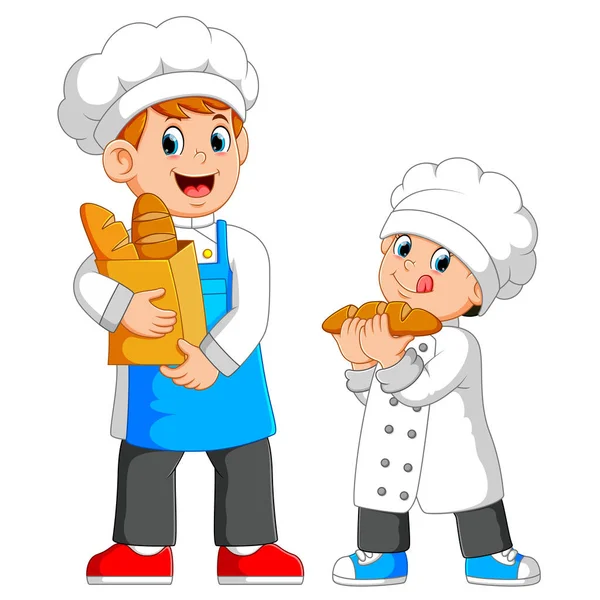 Der Koch Hält Eine Tüte Brot Mit Dem Jungen Neben — Stockvektor