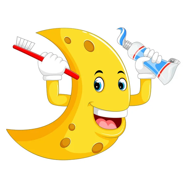 Yellow Moon Character Holding Toothbrush Toothpaste — Stock Vector