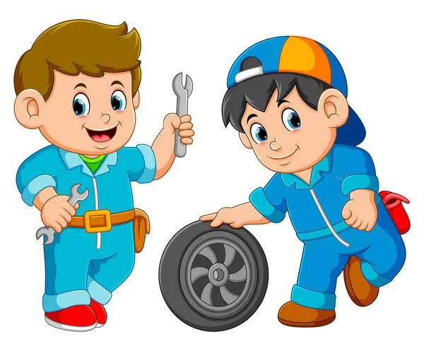 两名汽车维修工穿着制服,车轮 — 图库矢量图片