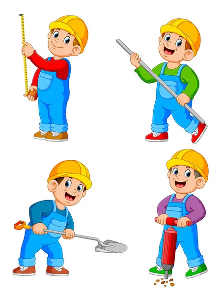 Trabajadores de la construcción Personaje de dibujos animados en varias acciones — Vector de stock