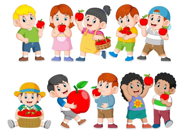 Collezione di bambini felici con mela fresca — Vettoriale Stock