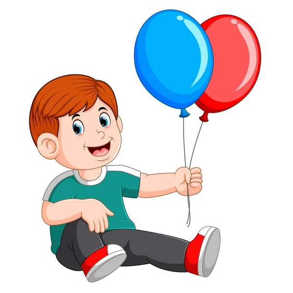 Feliz un niño sentado y llevando dos globos — Vector de stock