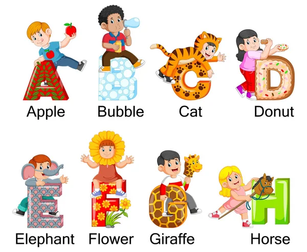 Collezione di bambini felici che indossano costume con alfabeto — Vettoriale Stock