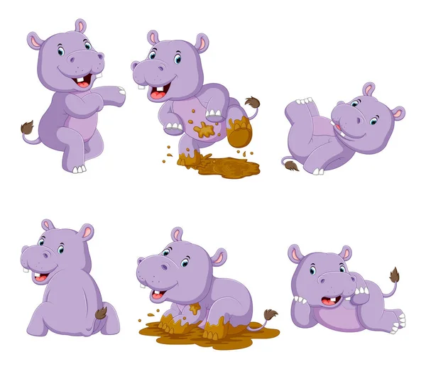 Collectie van Happy Hippo met verschillende poseren — Stockvector