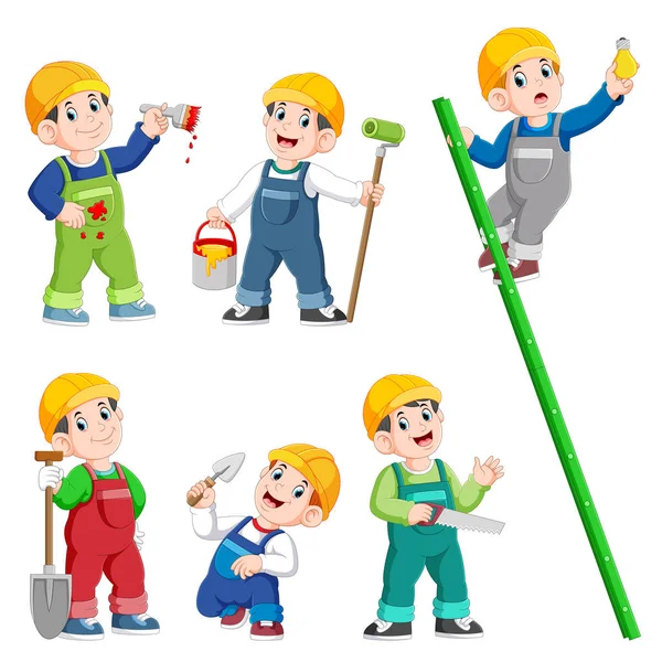 Trabajadores de la Construcción Personaje de dibujos animados Posando y haciendo trabajo — Vector de stock