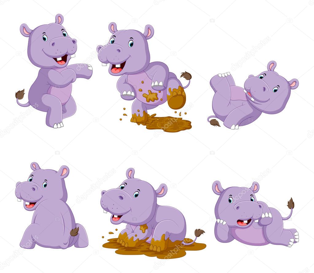 Collection of happy hippo with various posing