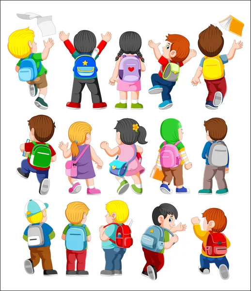 Collection of Back View Illustration of Kids wearing Backpacks — Stock Vector