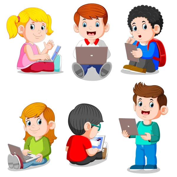 Collection of boy and girl studying with laptop and tablet — Stock Vector