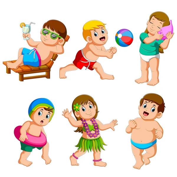 Sammlung von Jungen und Mädchen im Sommerurlaub am Strand — Stockvektor