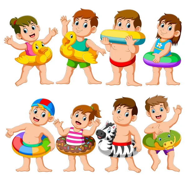 Glücklich entspannen Urlaub Kinder Schwimmbadparty mit aufblasbaren Schwimmern — Stockvektor