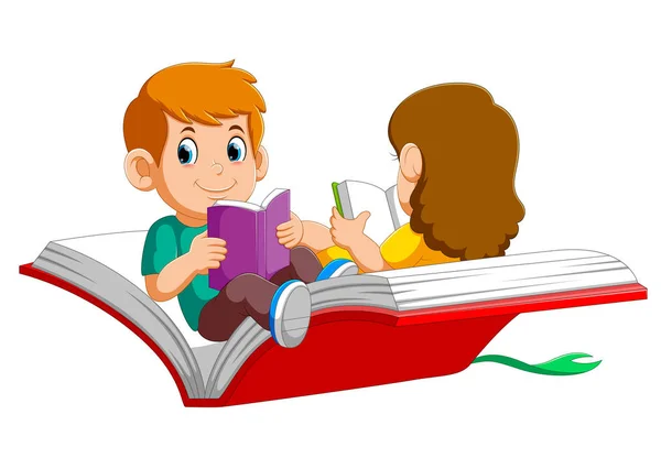 Chłopiec i dziewczyna dziecko latające na duży otwarty książka — Wektor stockowy