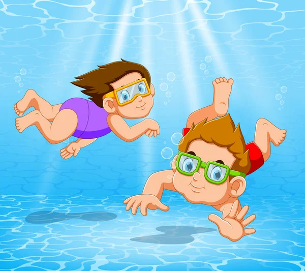 Niño y niña jugando y nadando en la piscina bajo el agua — Vector de stock