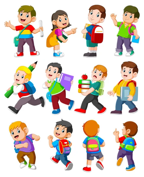 Cartoon children with books and school supplies — Stock Vector