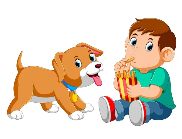 Jonge jongen eet frietjes met een hond — Stockvector