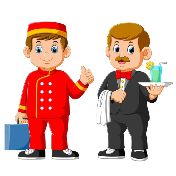 Deux membres du personnel de l'hôtel en uniforme, serveur et réceptionniste — Image vectorielle
