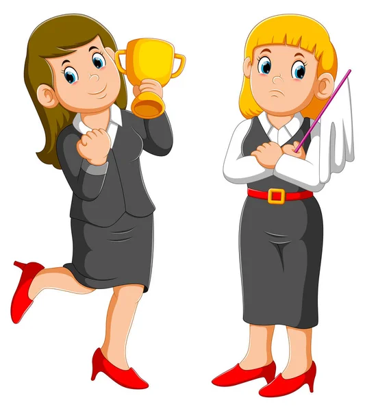 Geschäftsfrau hält Pokal in die Höhe und Geschäftsfrau hält weiße Kapitulationsfahne — Stockvektor
