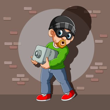 A thief who has stolen safe deposit box in his hands of illustration clipart