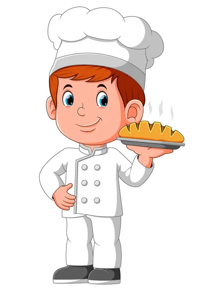 Jonge Lachende Man Chef Kok Met Bord Met Brood Van — Stockvector