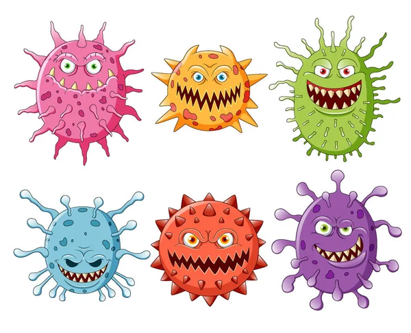 Raccolta Virus Batteri Dei Cartoni Animati Emoticon Carattere Illustrazione — Vettoriale Stock