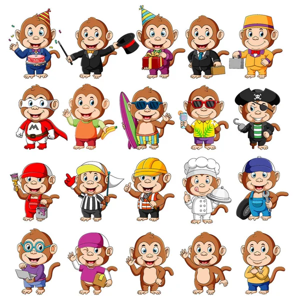 Cute Monkey Cartoon Mascot Pack Illustration — Stock Vector