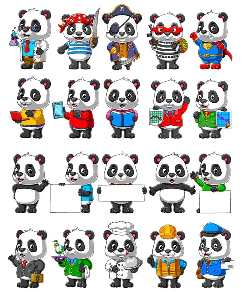 Cute Panda Kreskówka Maskotka Pakiet Ilustracji — Wektor stockowy