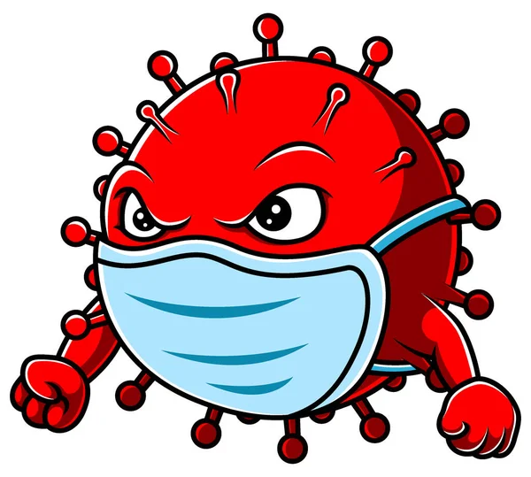 Angry Corona Virus Karaktär Bär Mask — Stock vektor