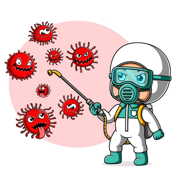 Personer Skyddsdräkt Eller Kläder Spraya Rengöring Och Desinficera Koronavirus — Stock vektor