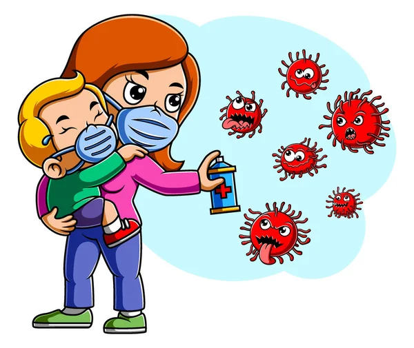 Mother Her Baby Spray Cleaning Corona Virus — Stock Vector