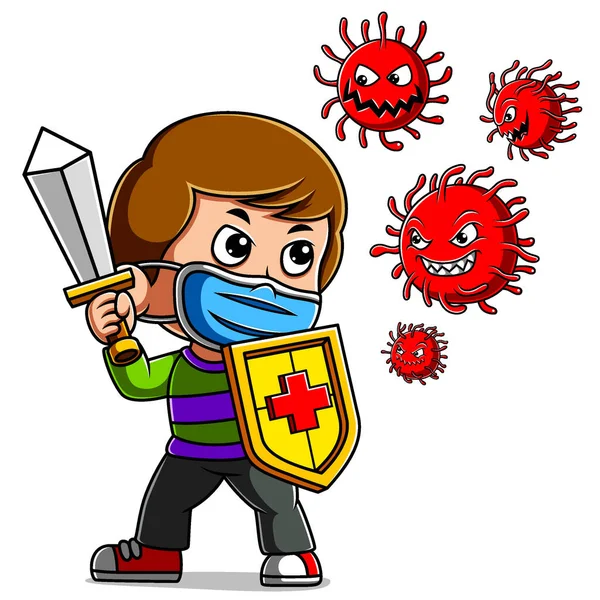 Chico Con Máscara Lucha Contra Virus Corona Espada Escudo — Vector de stock